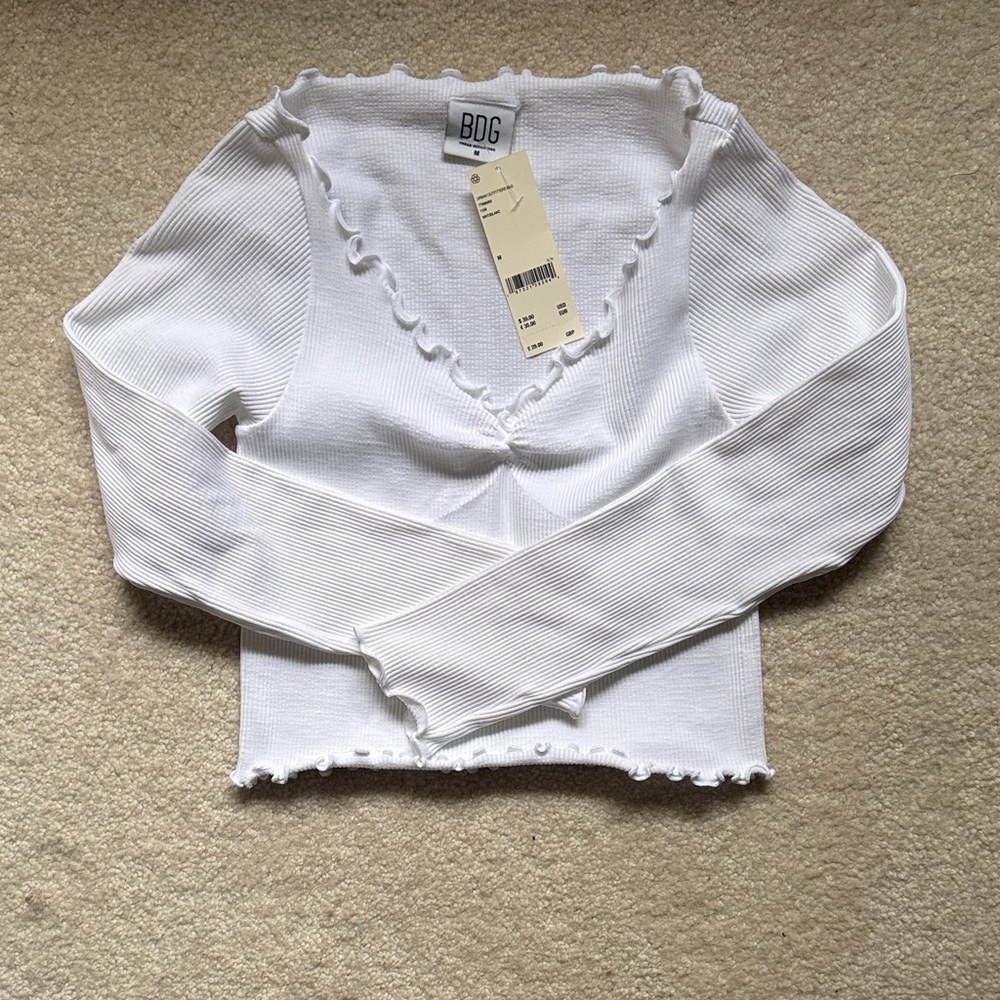 BDG White Ribbed V-Neck Blouse